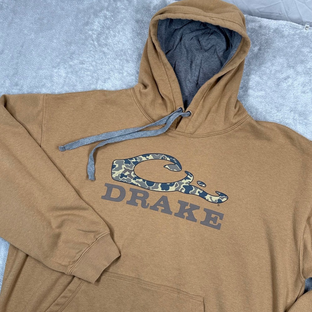 Drake Waterfowl Hoodie Mens XL Brown Camo Logo Pullover Graphic Sweatshirt